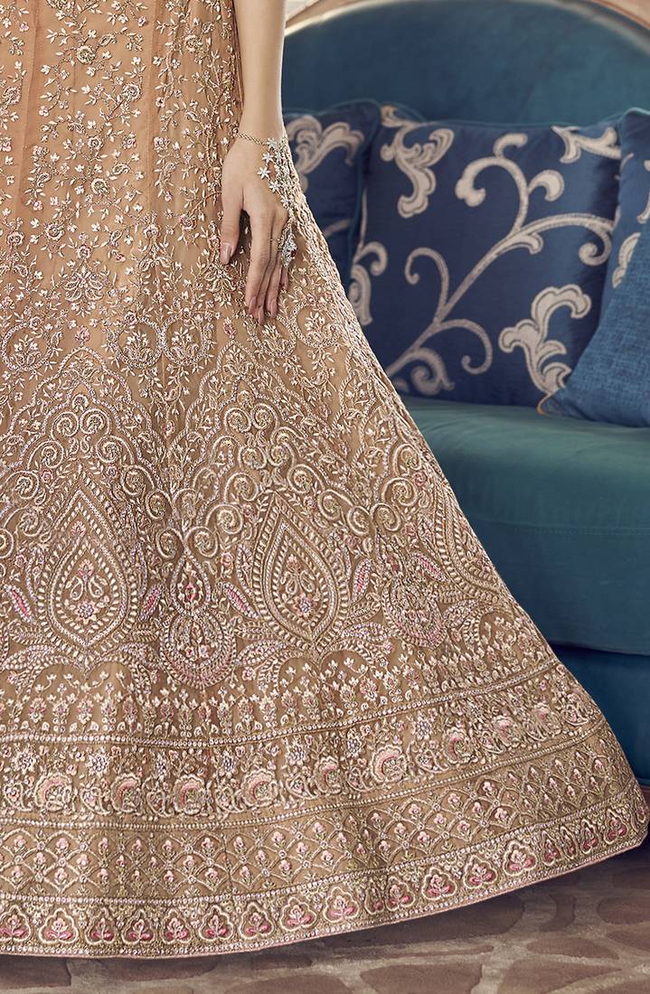Peach zarkan, zari and thread embroidered organza semi stitched lehenga