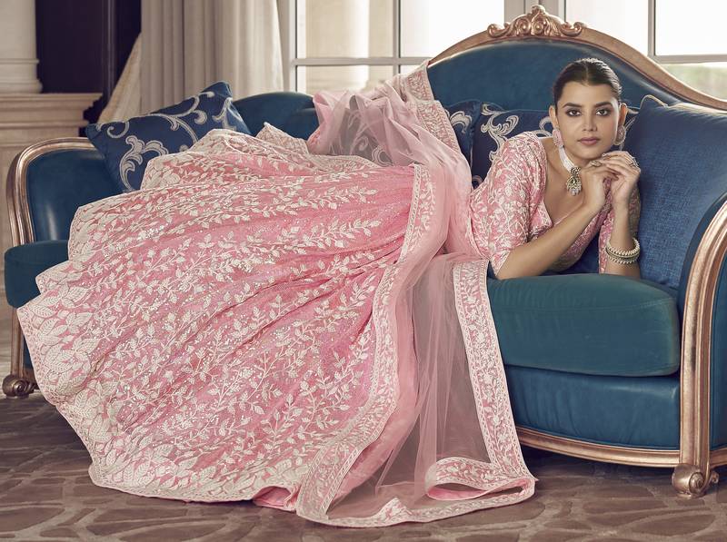 Pink sequins and thread embroidered organza semi stitched lehenga