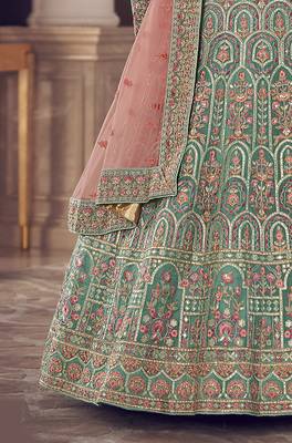 turquoise Green zarkan, gota and thread embroidered organza semi stitched lehenga 5