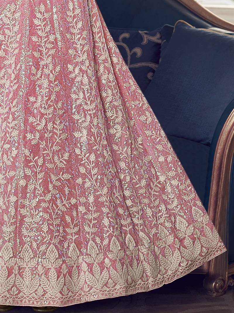 Pink sequins and thread embroidered organza semi stitched lehenga