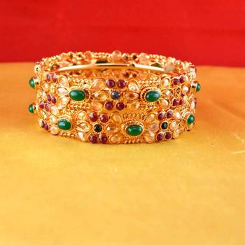 gold moti stone cz polki kundun meenakari pearl bangle kara size-2.6 2
