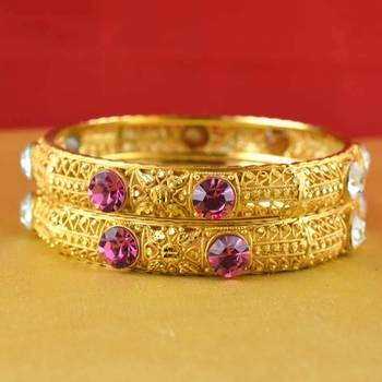 Gold Moti Stone Cz Polki Kundun Meenakari Pearl Bangle Kara Size 2