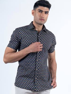 Blue printed cotton mens-casual-shirts 1