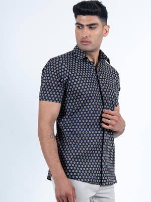 Blue printed cotton mens-casual-shirts 2