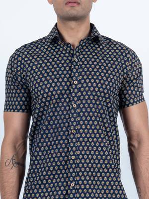 Blue printed cotton mens-casual-shirts 3