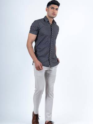 Blue printed cotton mens-casual-shirts 5