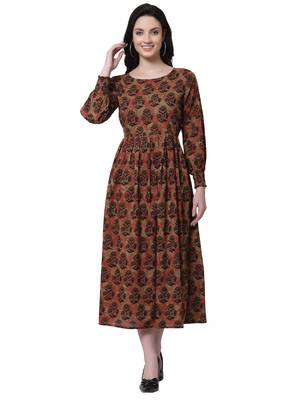 Beige printed cotton party-wear-kurtis 1