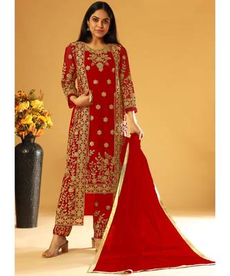 Red Embroidery & Cording Work Net Partywear Suit With Koti 1