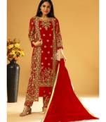 Red Embroidery & Cording Work Net Partywear Suit With Koti