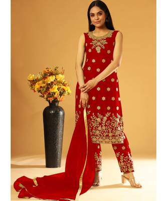 Red Embroidery & Cording Work Net Partywear Suit With Koti 2