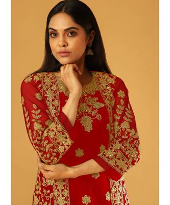 Red Embroidery & Cording Work Net Partywear Suit With Koti 3