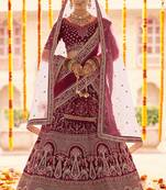 Maroon Zari, zarkan, zardosi and thread embroidered velvet Semi Stitched wedding Lehenga