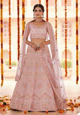 Peach gota, zarkan and thread embroidered organza Semi Stitched wedding Lehenga 1