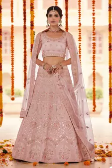 Peach gota, zarkan and thread embroidered organza semi stitched wedding lehenga