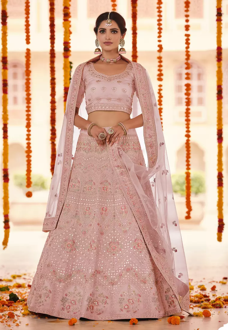 Peach gota, zarkan and thread embroidered organza semi stitched wedding lehenga