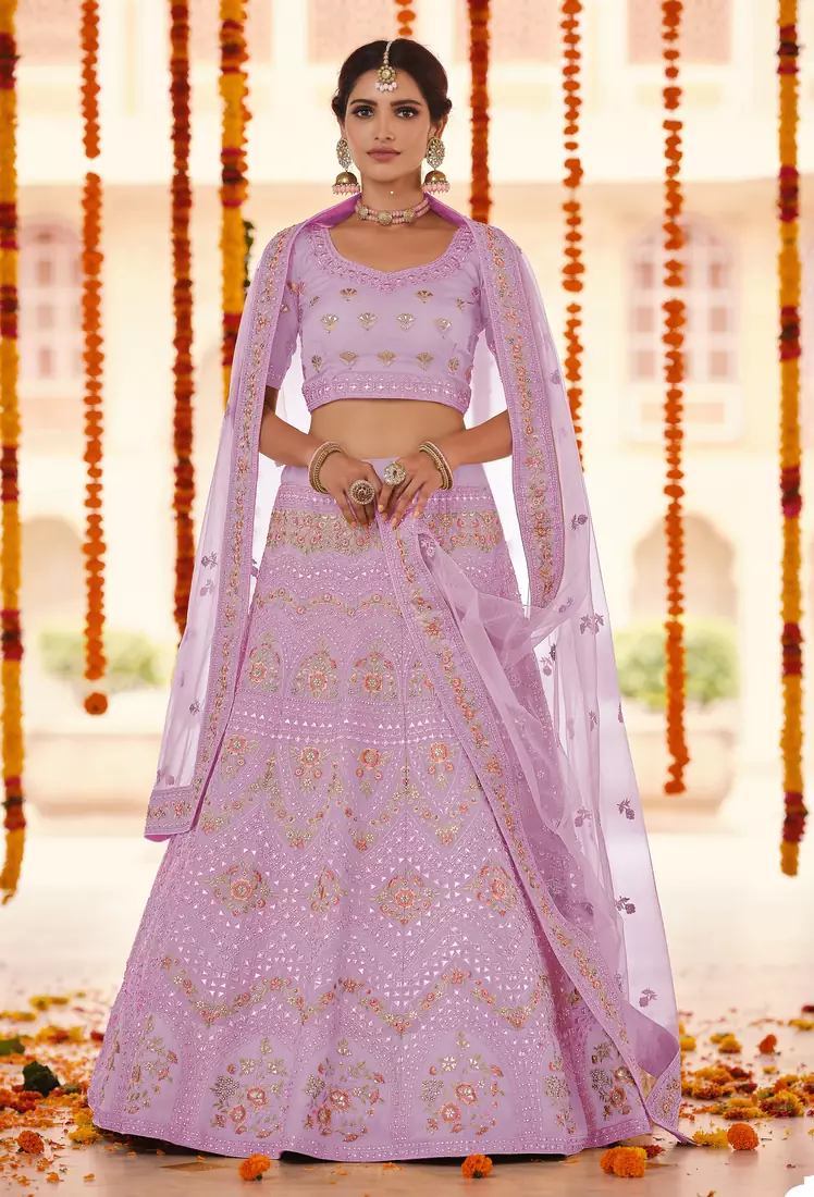 Pink gota, zarkan and thread embroidered organza semi stitched wedding lehenga