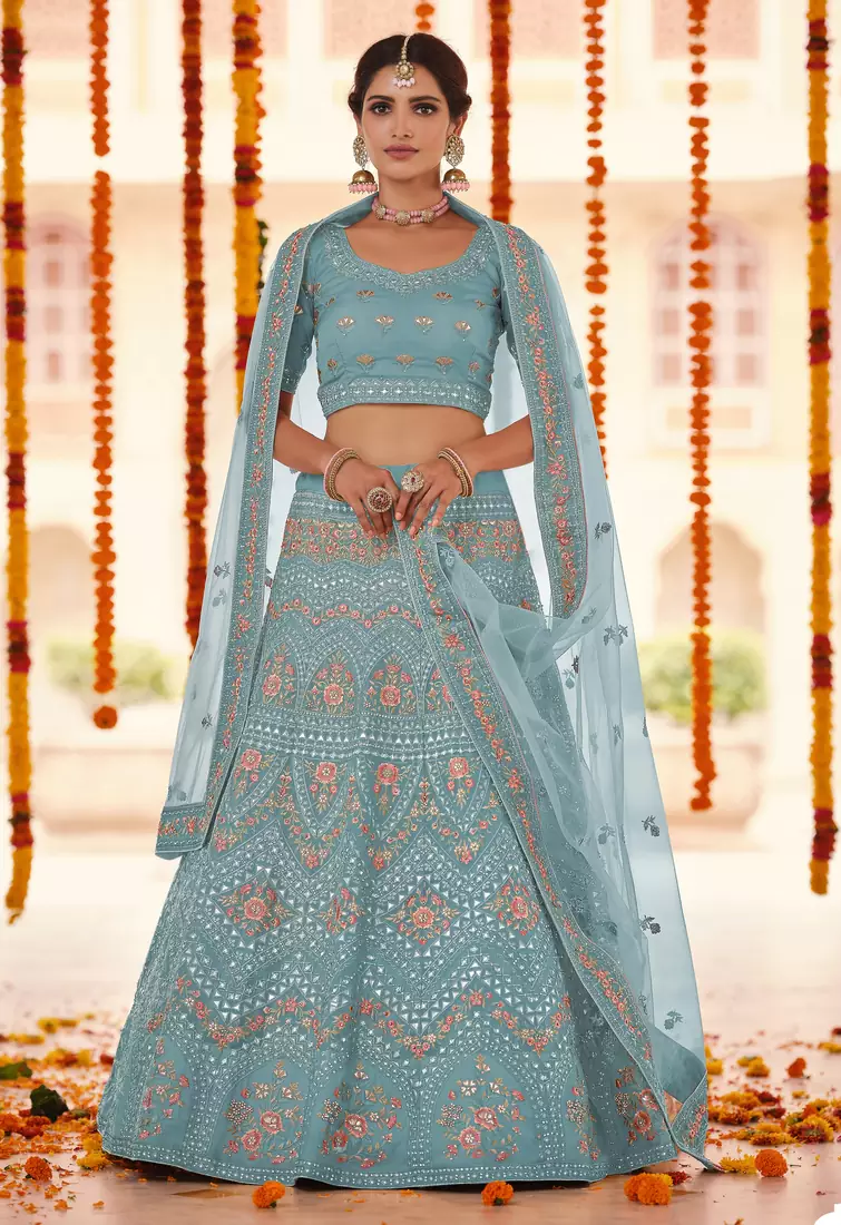 Delightful Turquoise Colored gota, zarkan and thread embroidered Organza Fabric Lehenga choli for wedding and Bride