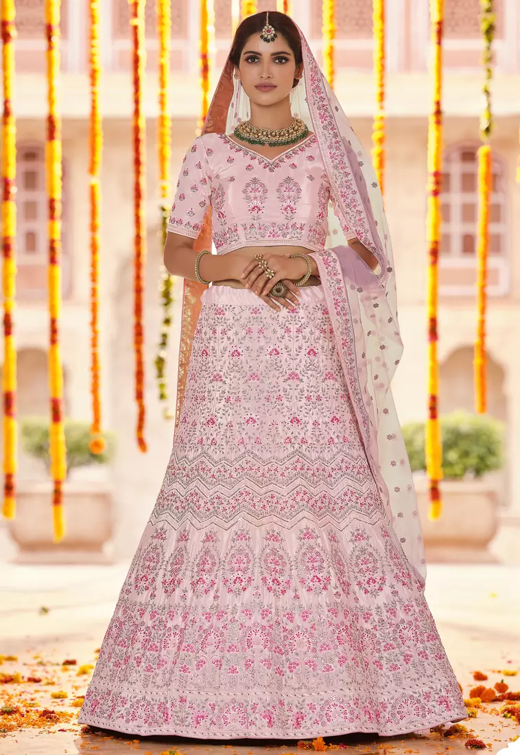 Glamorous Pink Colored Sequins, zarkan and thread embroidered Crepe Silk Fabric Lehenga Choli for Bride