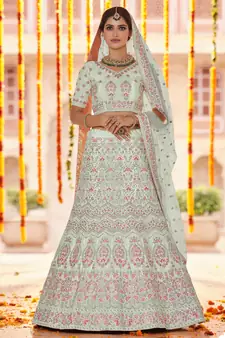 pistachios-green Sequins, zarkan and thread embroidered crepe silk semi stitched wedding lehenga