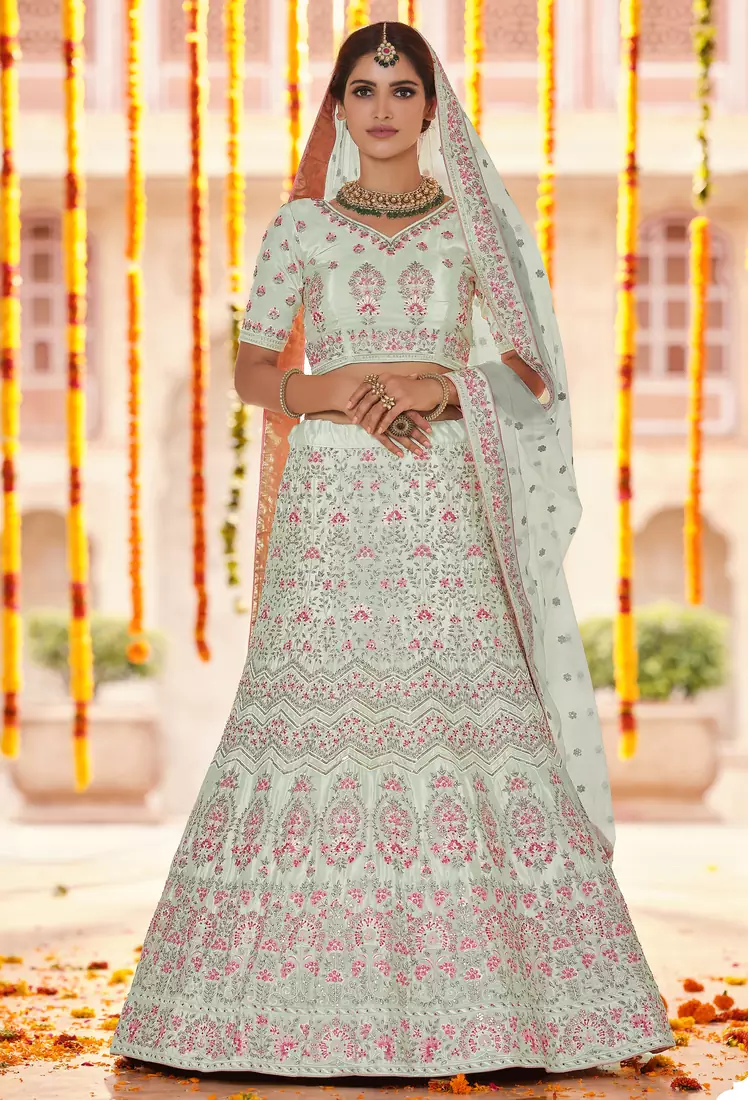 pistachios-green Sequins, zarkan and thread embroidered crepe silk semi stitched wedding lehenga