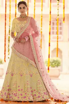Yellow Zari, zarkan, gota and thread embroidered Georgette semi stitched wedding lehenga