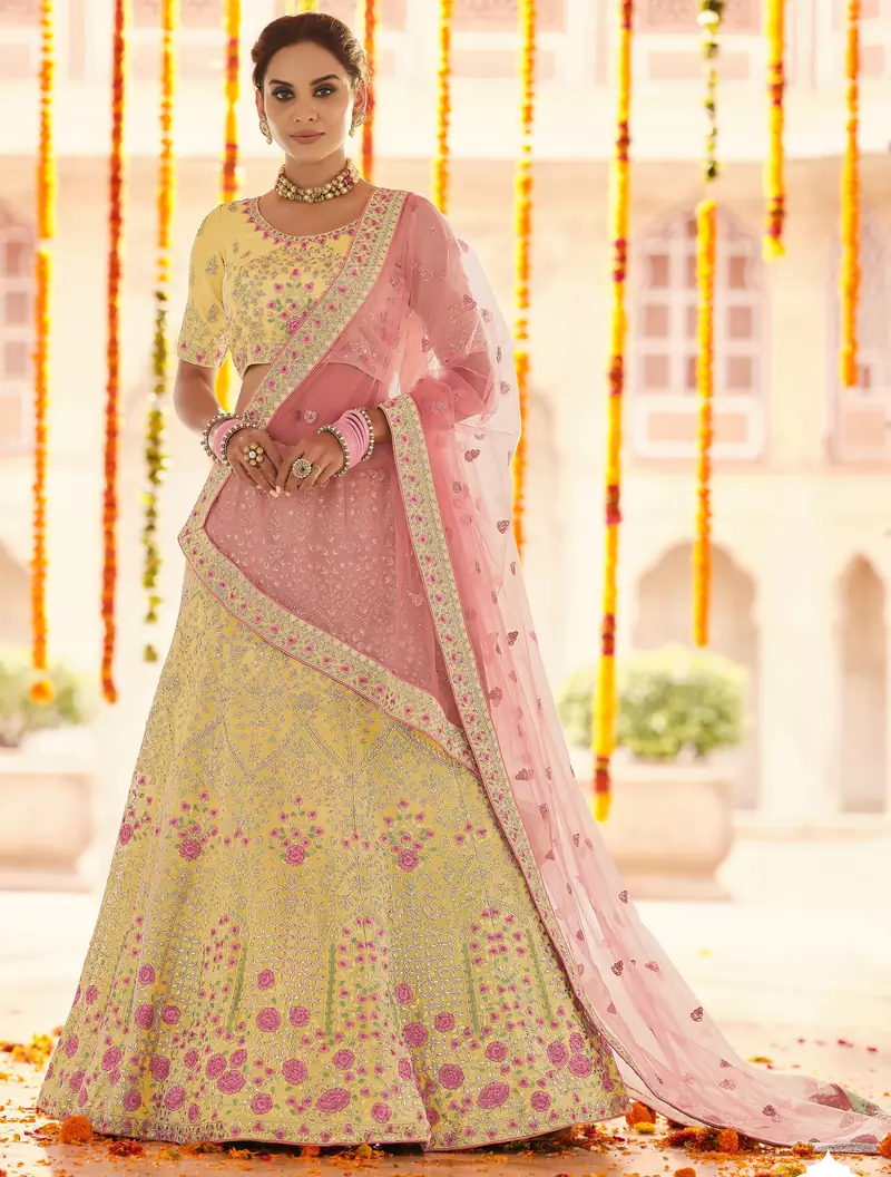 Yellow Zari, zarkan, gota and thread embroidered Georgette semi stitched wedding lehenga