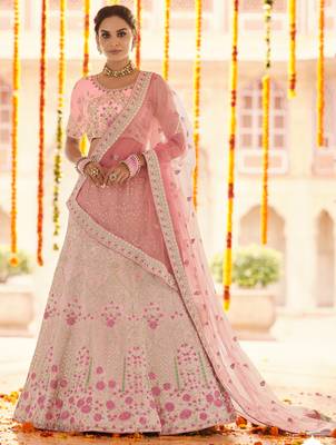 Pink Zari, zarkan, gota and thread embroidered Georgette Semi Stitched Lehenga choli for wedding 1