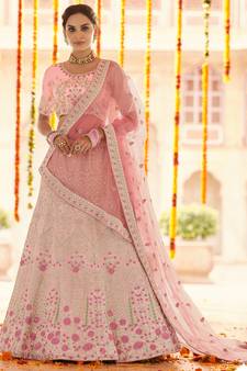 Pink Zari, zarkan, gota and thread embroidered Georgette semi stitched wedding lehenga