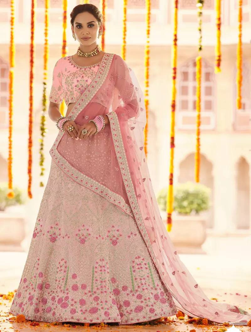 Pink Zari, zarkan, gota and thread embroidered Georgette semi stitched wedding lehenga