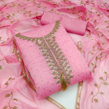 Pink Chanderi Sequin Embroidered Dress Material 1
