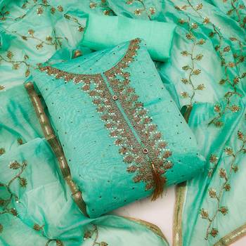 Sea Green Chanderi Sequin Embroidered Dress Material 1