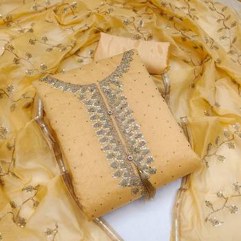 Light Yellow Chanderi Sequin Embroidered Dress Material 1