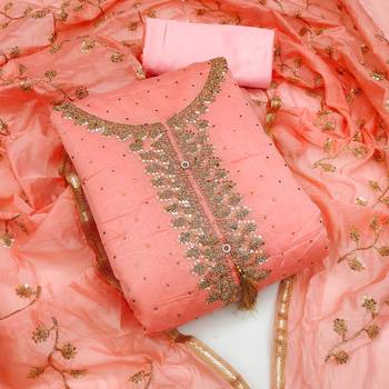 Peach Chanderi Sequin Embroidered Dress Material 1