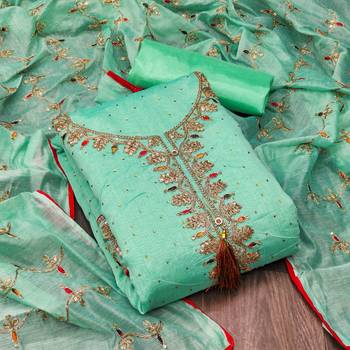 Sea Green Chanderi Sequin Embroidered Dress Material 1