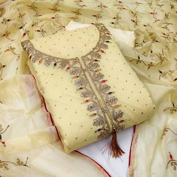 Light Yellow Chanderi Sequin Embroidered Dress Material 1