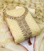Light Yellow Chanderi Sequin Embroidered Dress Material