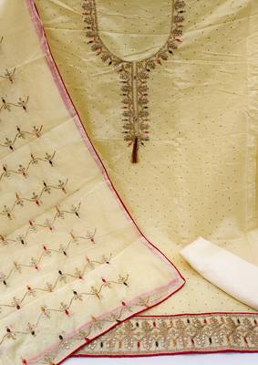 Light Yellow Chanderi Sequin Embroidered Dress Material 2