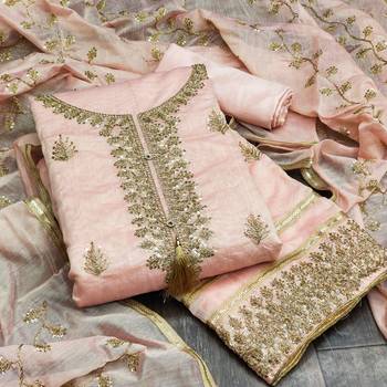 Light Pink Chanderi Sequin Embroidered Dress Material 1