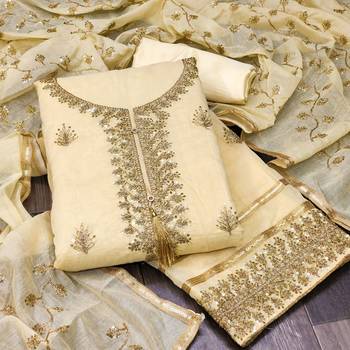 Light Yellow Chanderi Sequin Embroidered Dress Material 1