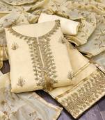 Light Yellow Chanderi Sequin Embroidered Dress Material