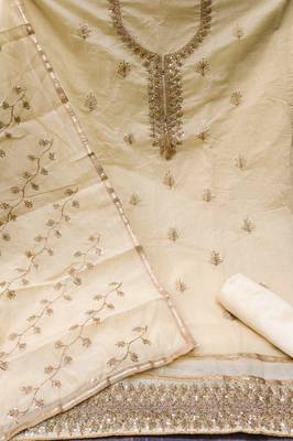 Light Yellow Chanderi Sequin Embroidered Dress Material 2