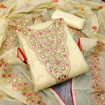 Light Yellow Chanderi Mirror & Sequin Embroidered Dress Material 1