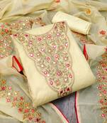 Light Yellow Chanderi Mirror & Sequin Embroidered Dress Material