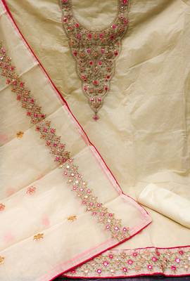Light Yellow Chanderi Mirror & Sequin Embroidered Dress Material 2
