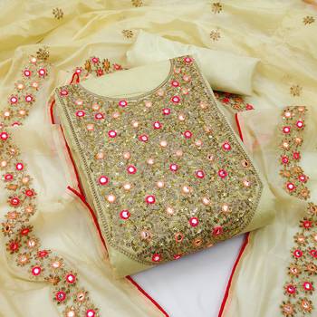 Light Yellow Chanderi Mirror & Sequin Embroidered Dress Material 1