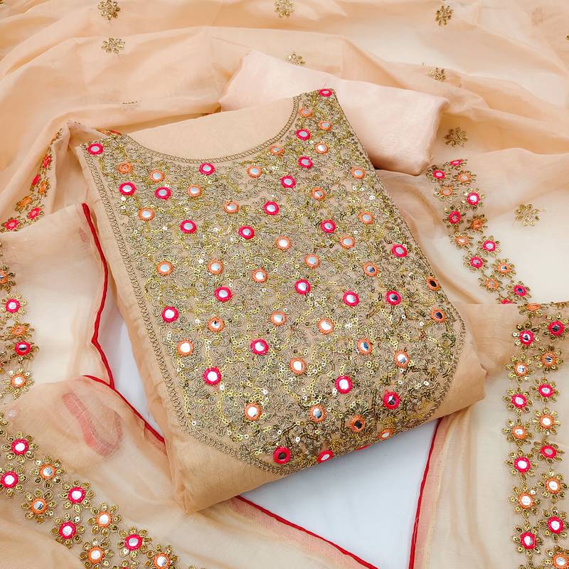 Peach Chanderi Mirror & Sequin Embroidered Dress Material