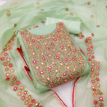 Sea Green Chanderi Mirror & Sequin Embroidered Dress Material 1