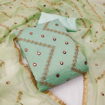 Sea Green Chanderi Mirror & Sequin Embroidered Dress Material 1