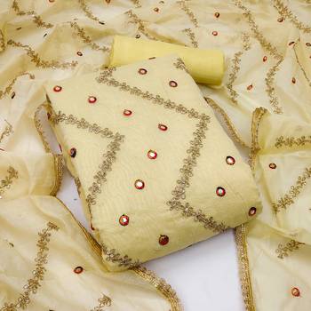 Light Yellow Chanderi Mirror & Sequin Embroidered Dress Material 1