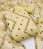 Light Yellow Chanderi Mirror & Sequin Embroidered Dress Material